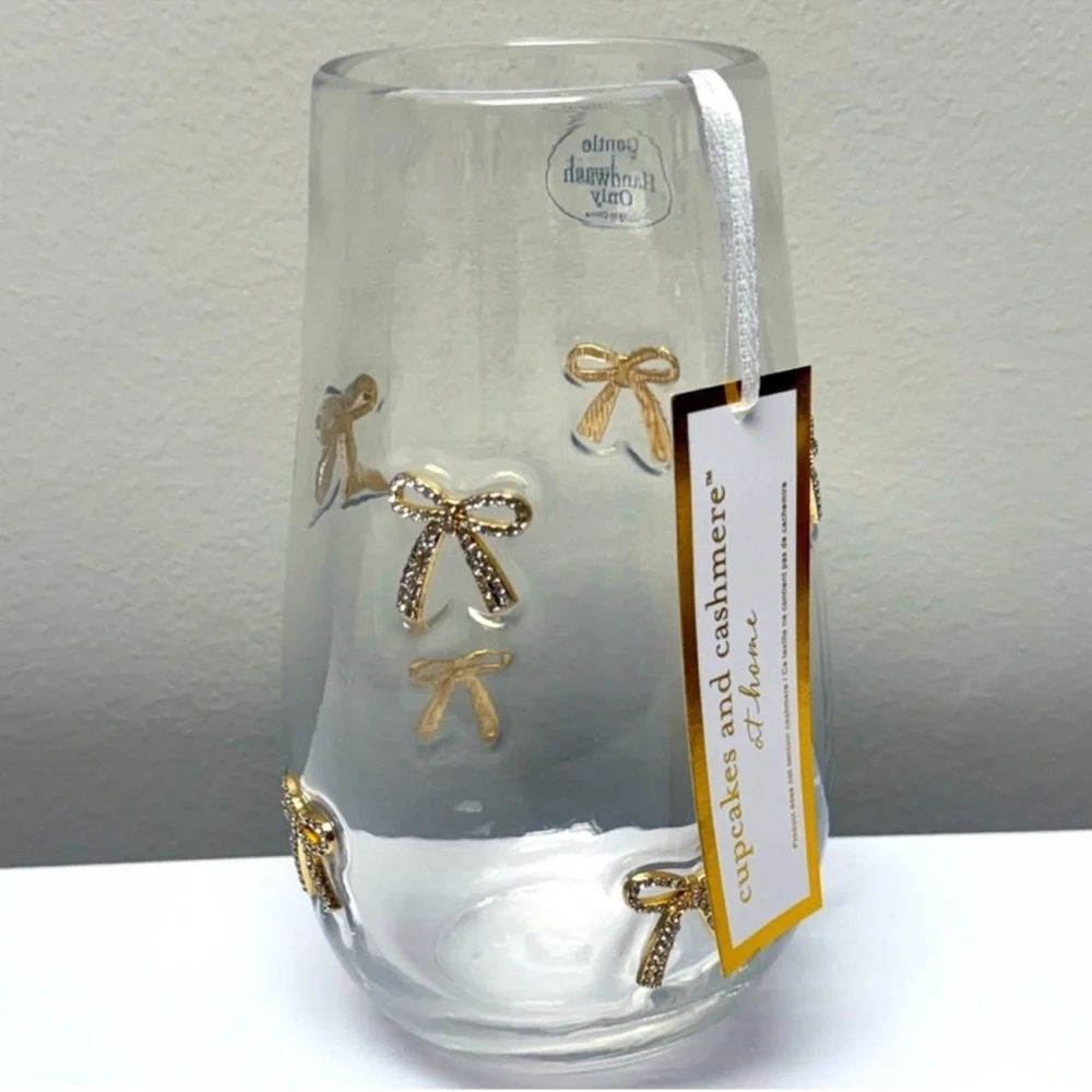New Cupcakes & Cashmere Rhinestone Gold Bow Ribbon Glass Embedded Bow Vase
